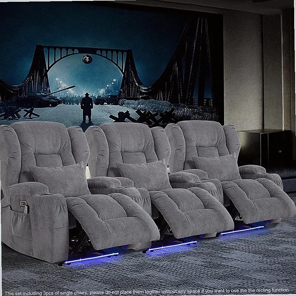 Home Theater Seating Recliners Power Reclinning Chairs with Base Light 3 PCS Set