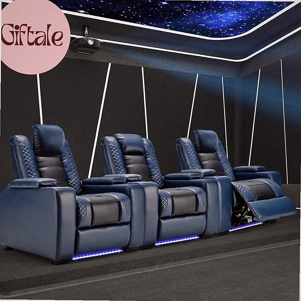 Power Home Theater Seating Recliner Chairs Set of 3, PU Leather Recliner & Cup H